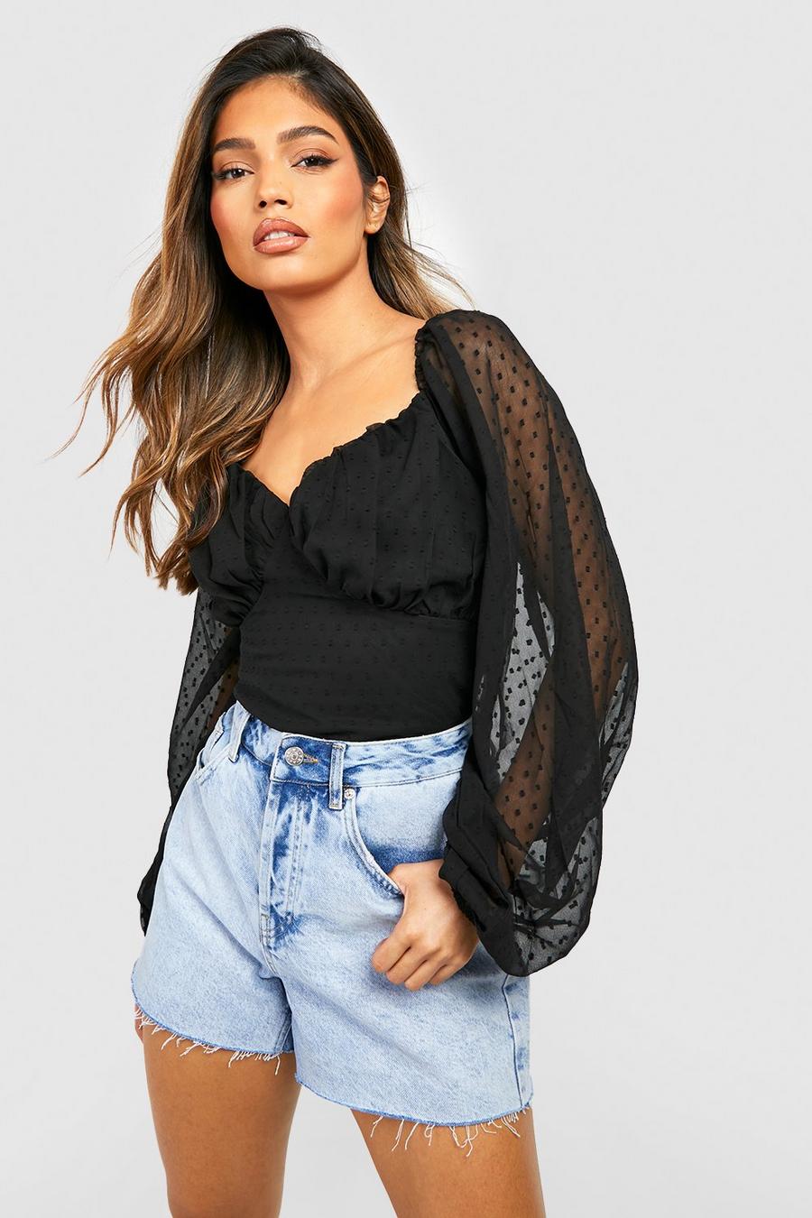 Mesh-Bluse mit Rüschendetail, Black