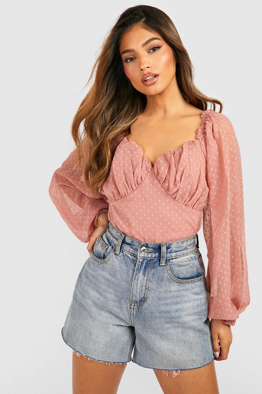 Blush Dobby Mesh Ruched Cup Detail Blouse