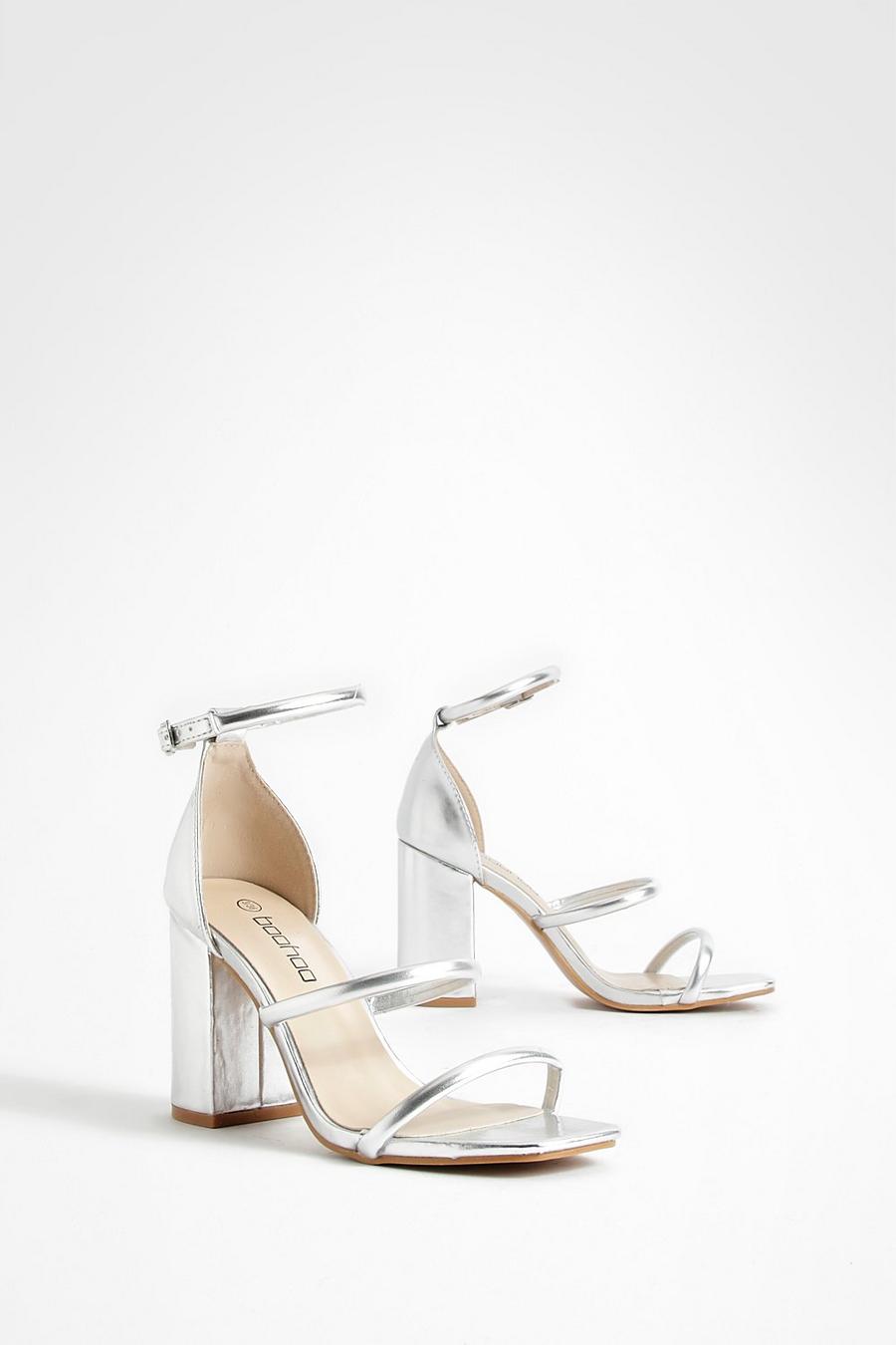 Silver Triple Strap Block Heel Sandals