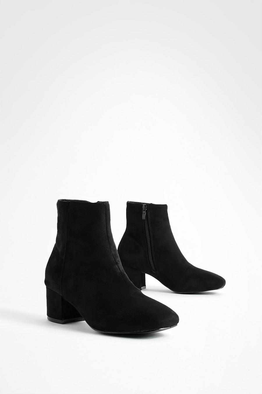 Black Wide Fit Low Block Heel Shoe Boots image number 1