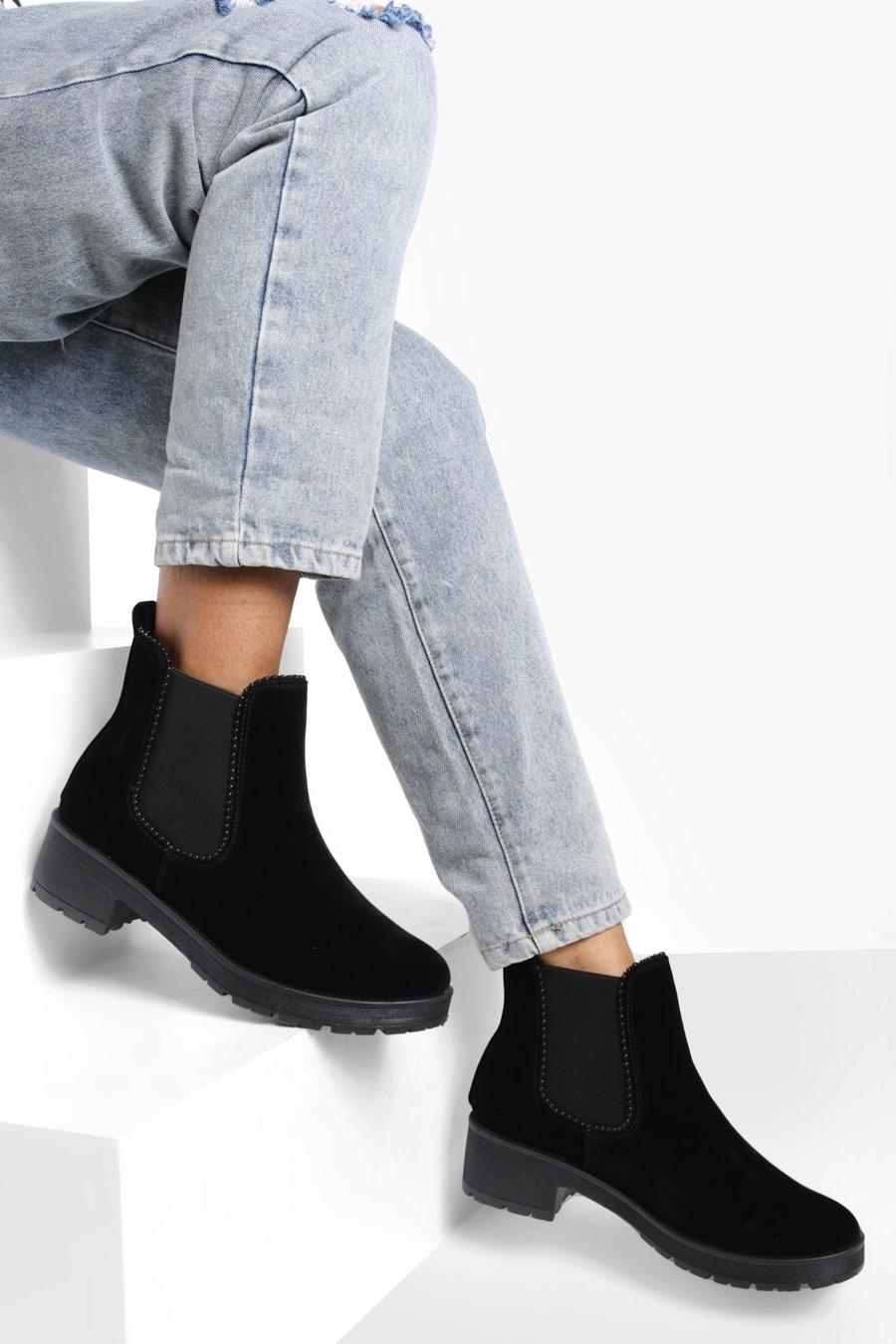 Black Ribbed Detail Chunky Chelsea Boots