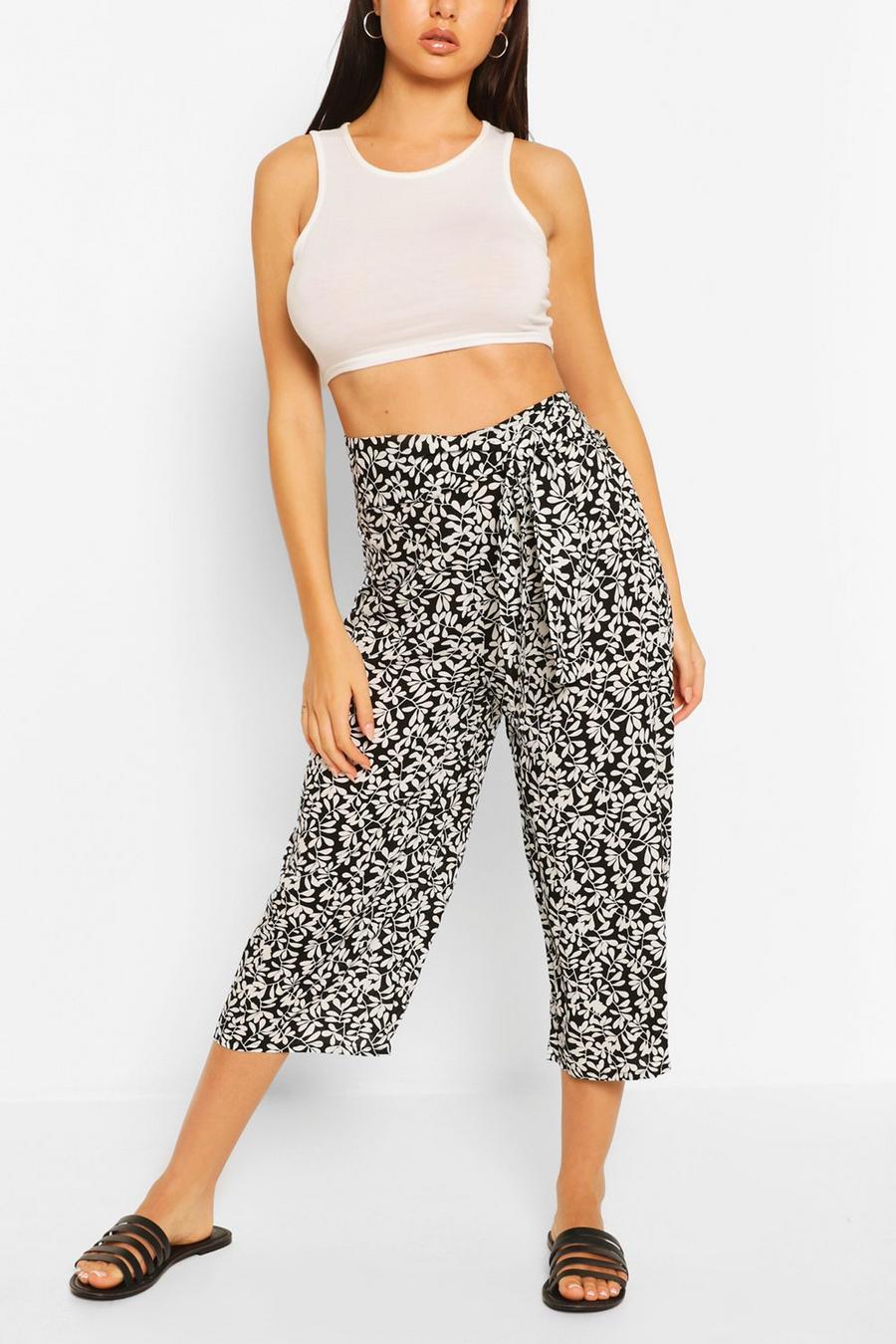 Black Belted Floral Culotte Trousers