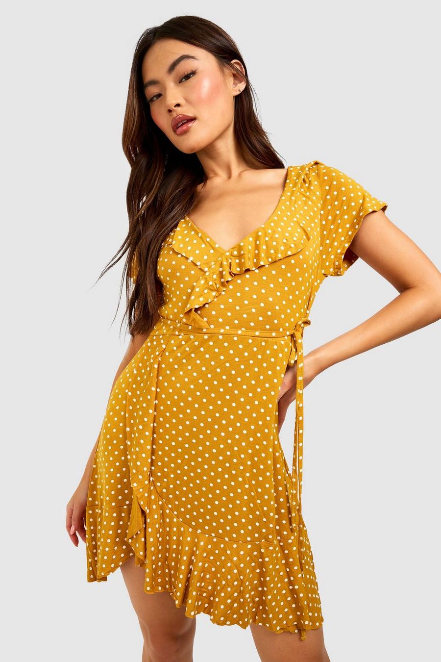 Mustard Polka Dot Wrap Front Ruffle Tea Dress image number 1