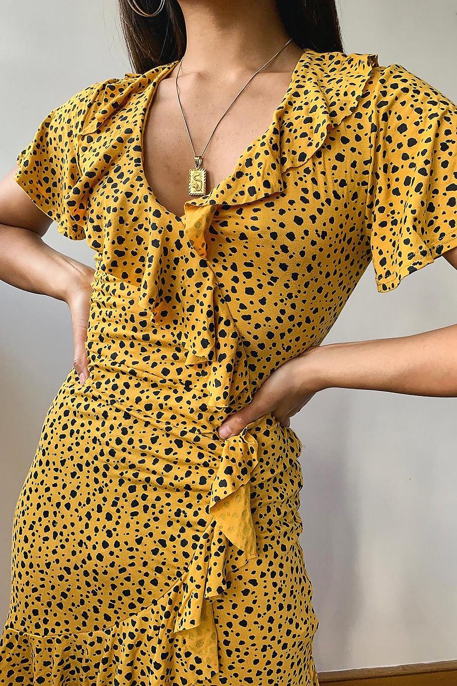 Mustard Dalmatian Print Ruffle Tea Dress