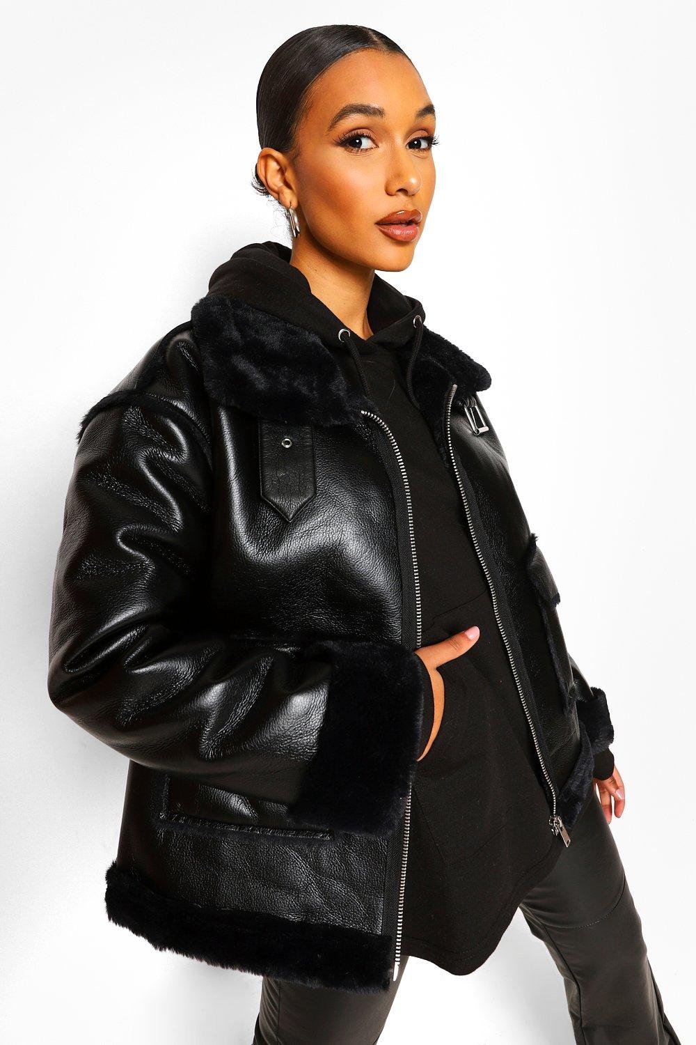 COATS & JACKETS Faux Fur Lined Faux Leather Aviator 