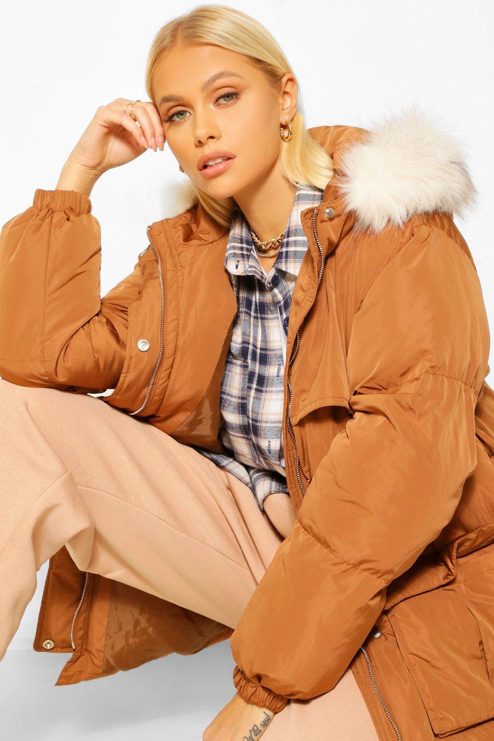 COATS & JACKETS Belted Faux Fur Trim Puffer
