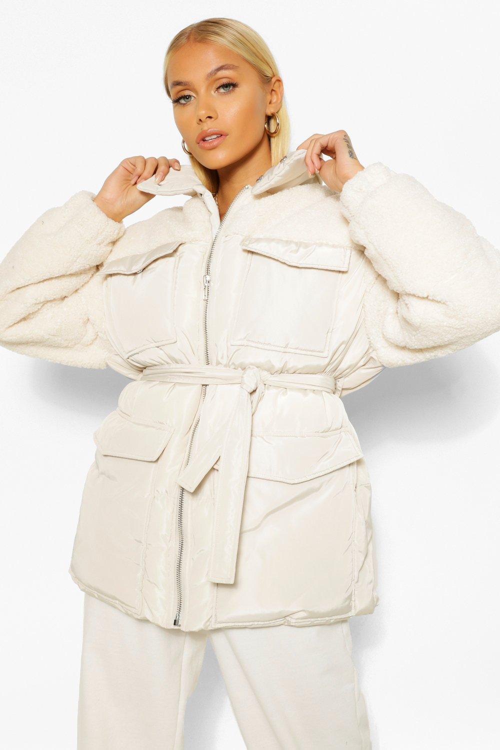 COATS & JACKETS Teddy Faux Fur Mix Belted Puffer