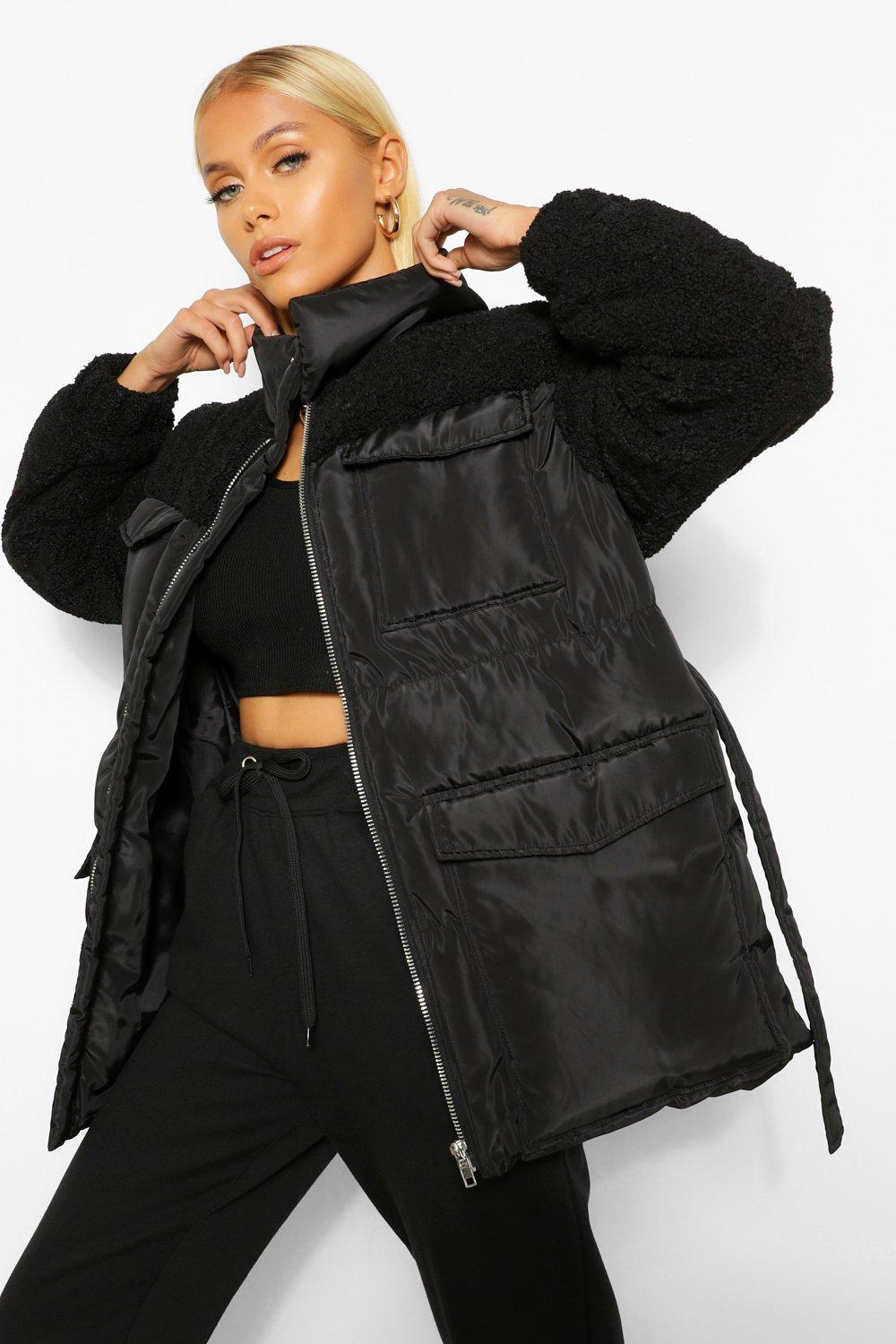 COATS & JACKETS Teddy Faux Fur Mix Belted Puffer