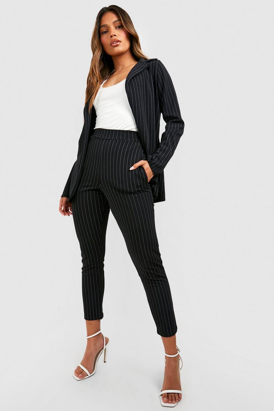 Black Pinstripe Tailored Blazer And Trouser pleated Co-Ord Suit