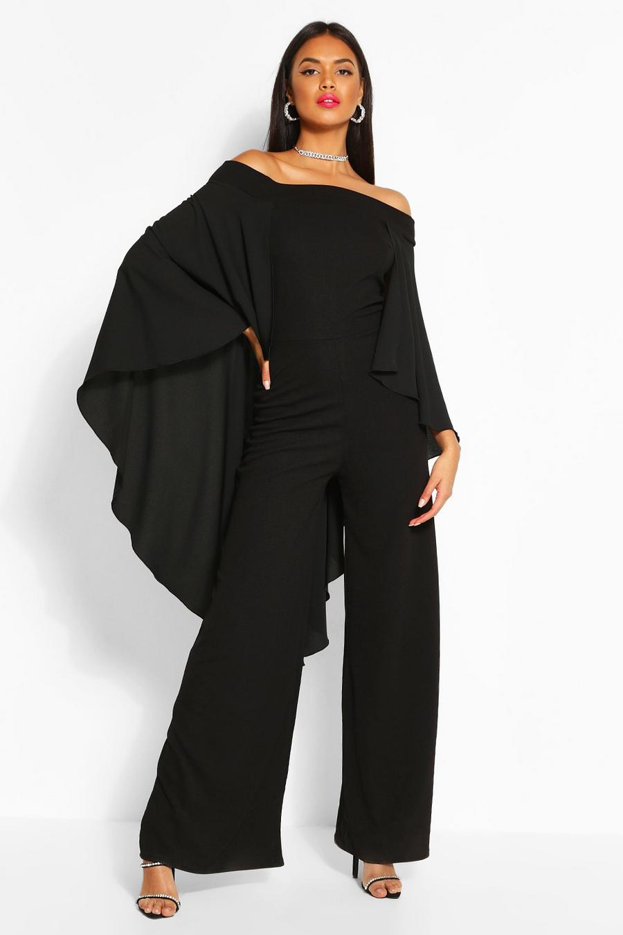 Schulterfreier Cape-Jumpsuit mit weitem Bein, Black