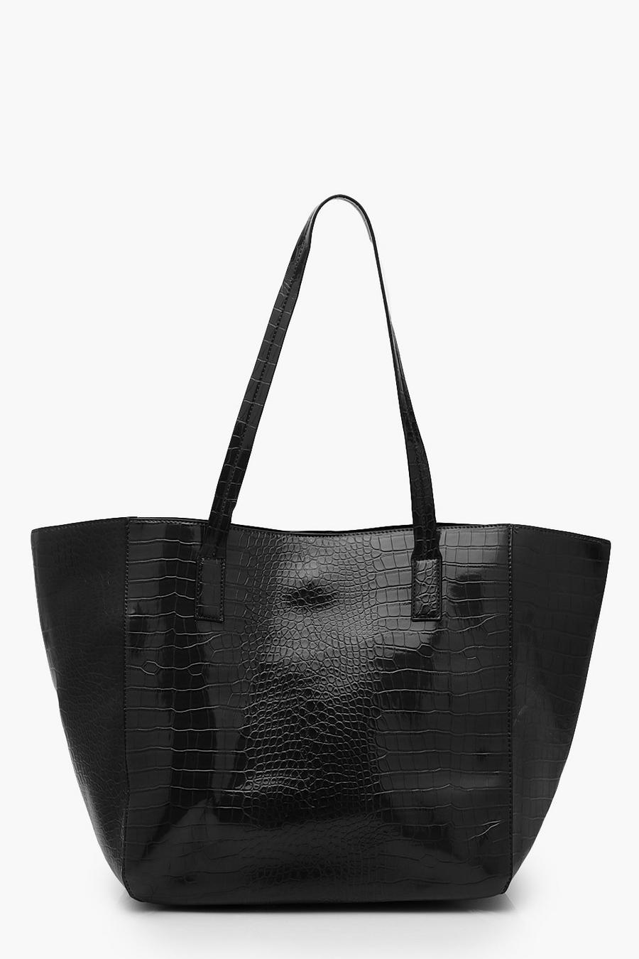 Black Oversized Faux Leather Croc Tote Day Bag