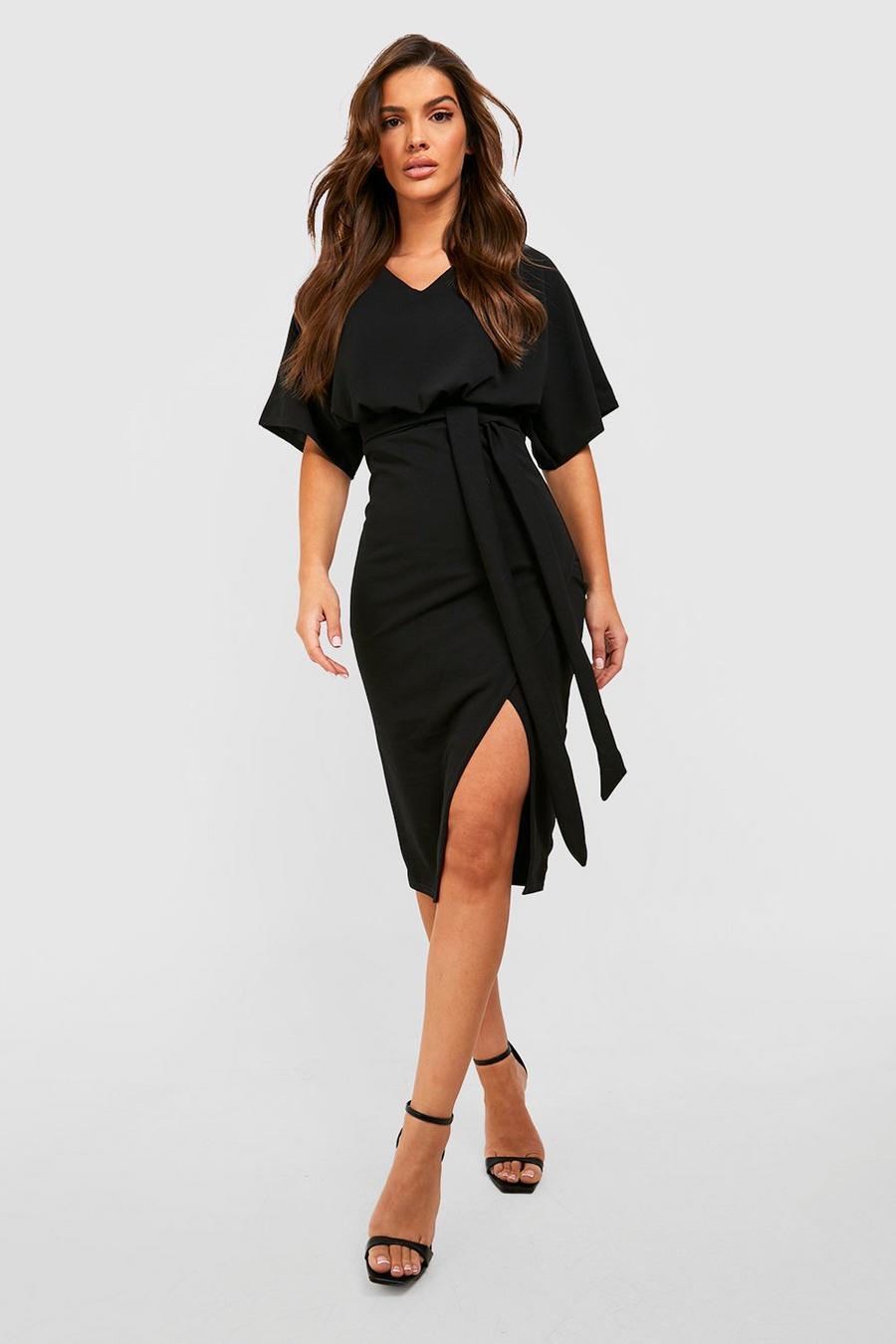 Black Kimono Tie Belt Midi Dress