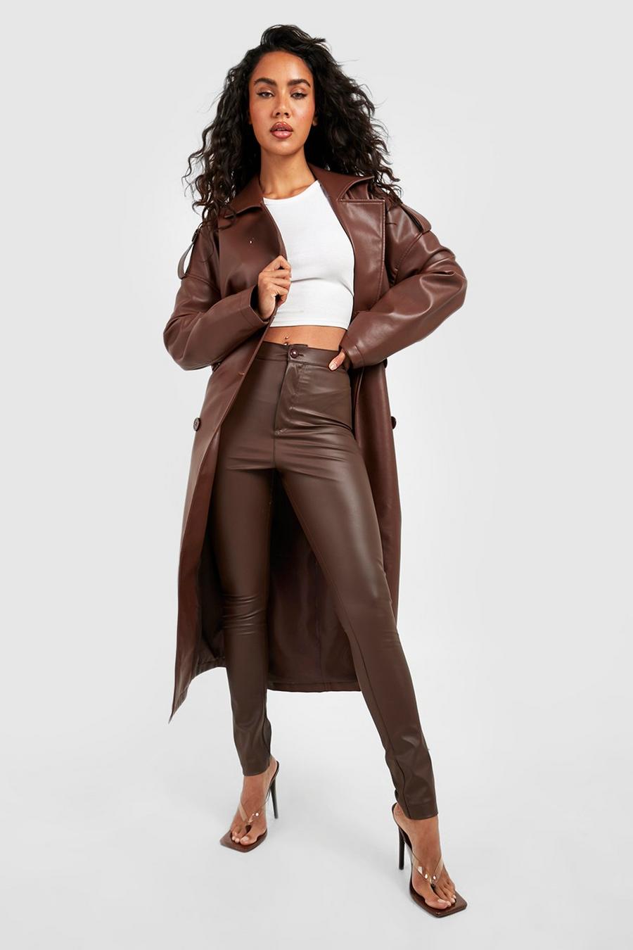 Chocolate High Waisted Matte Leather Look Skinny Trousers image number 1