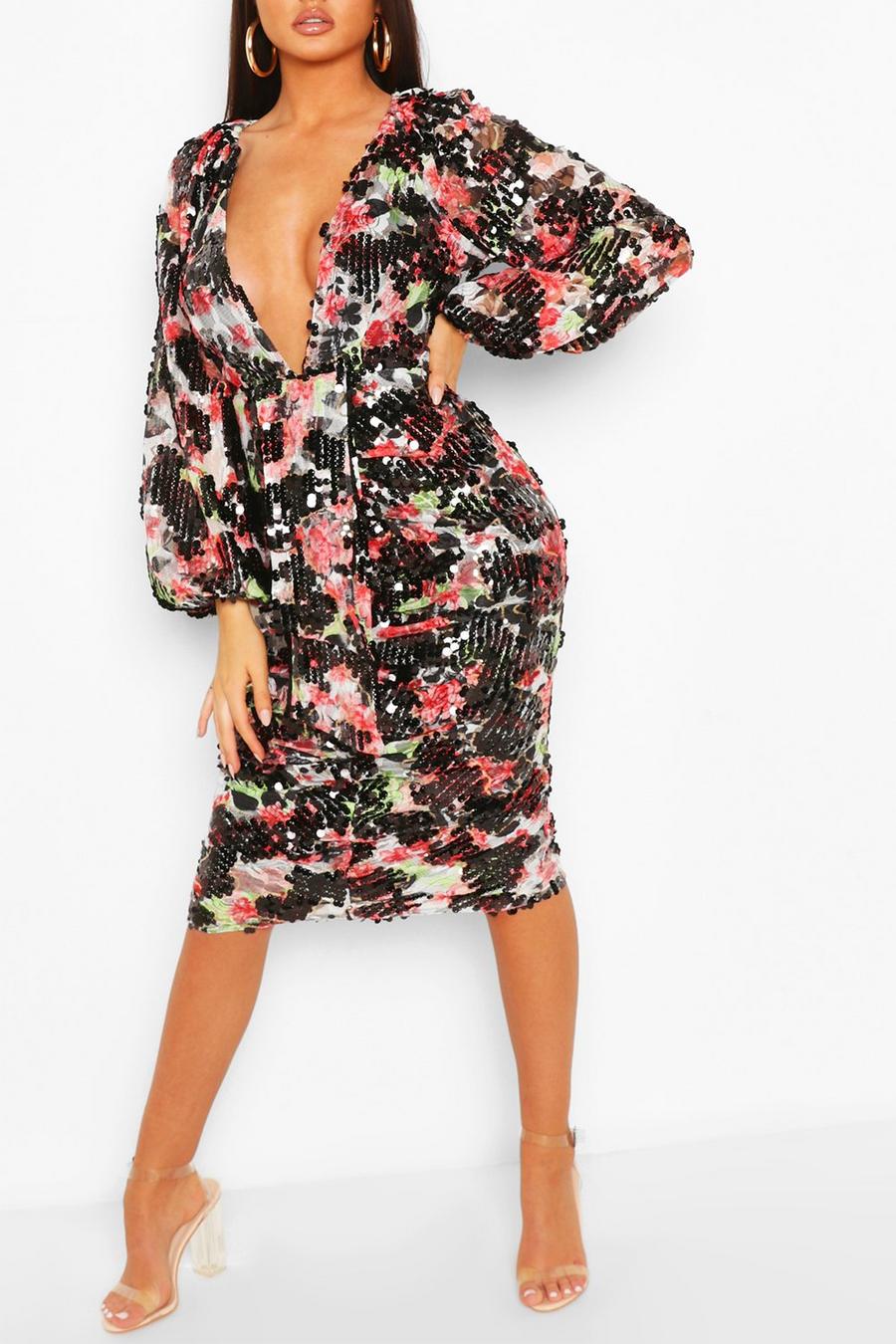 Black Boohoo Occasion Sequin Puff Sleeve Midi Dress