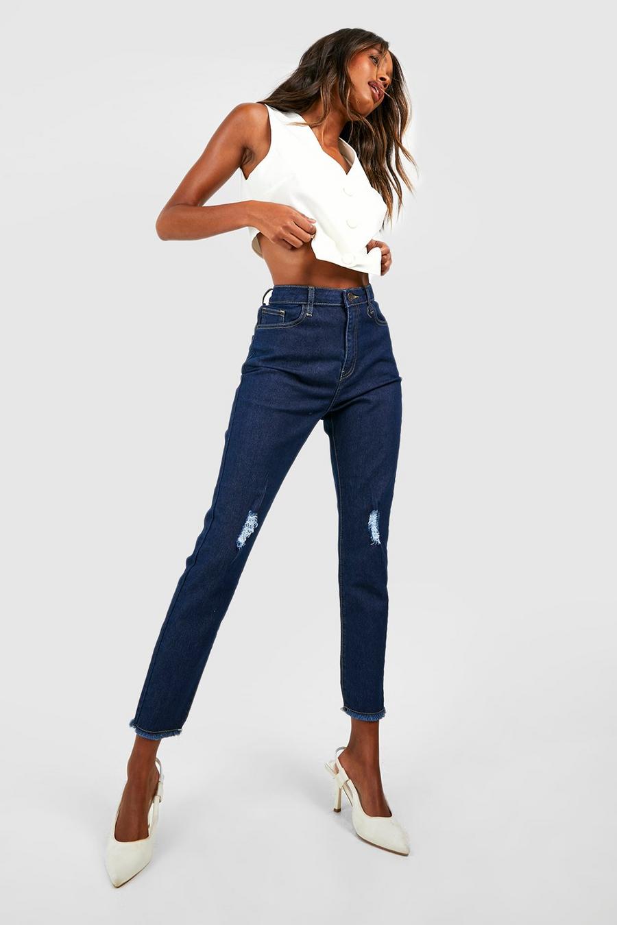 Zerrissene Basics Skinny Jeans mit hohem Bund, Dark blue