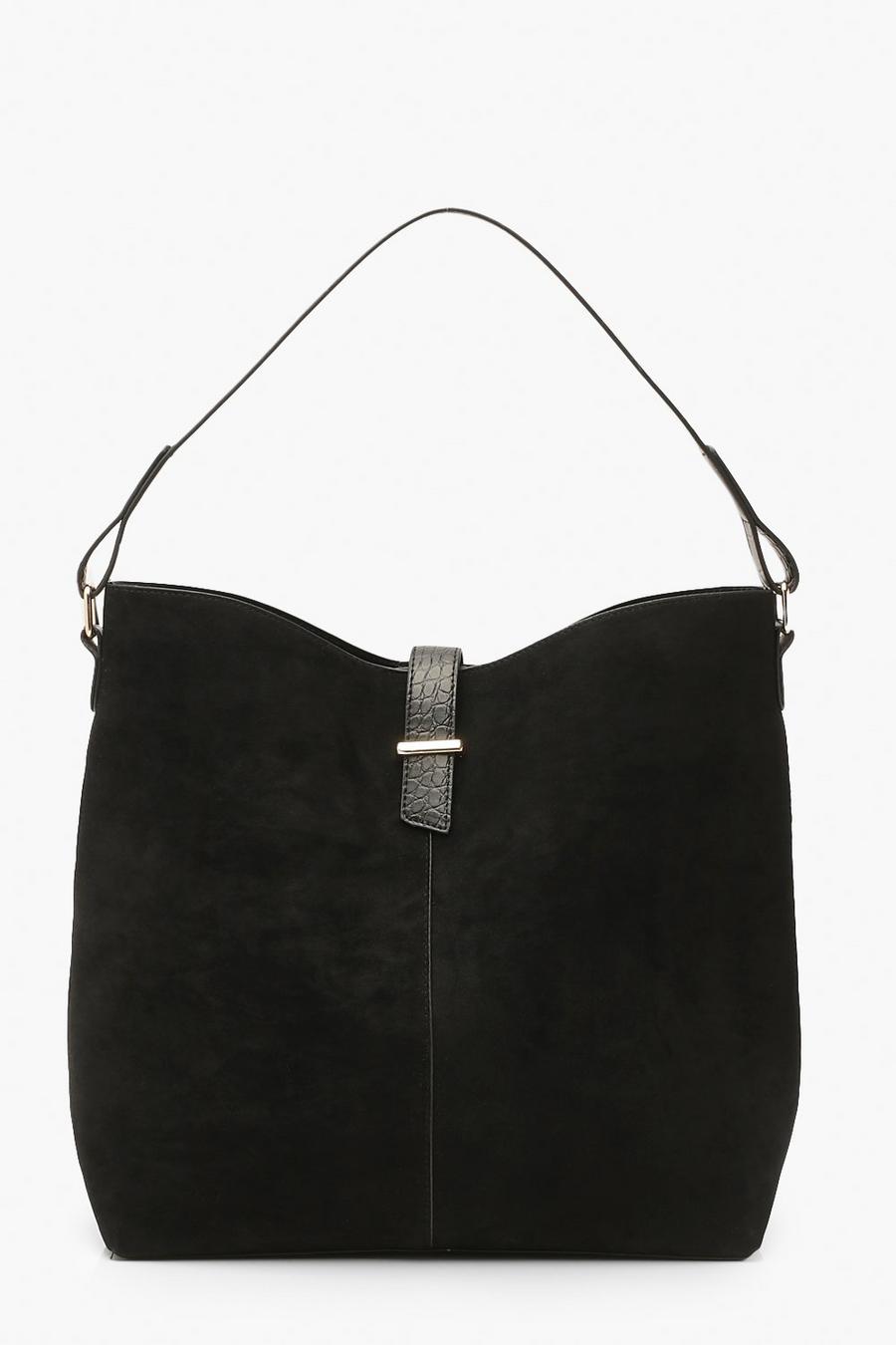 Bolso tote estructurado de ante sintético con asa de cocodrilo, Negro