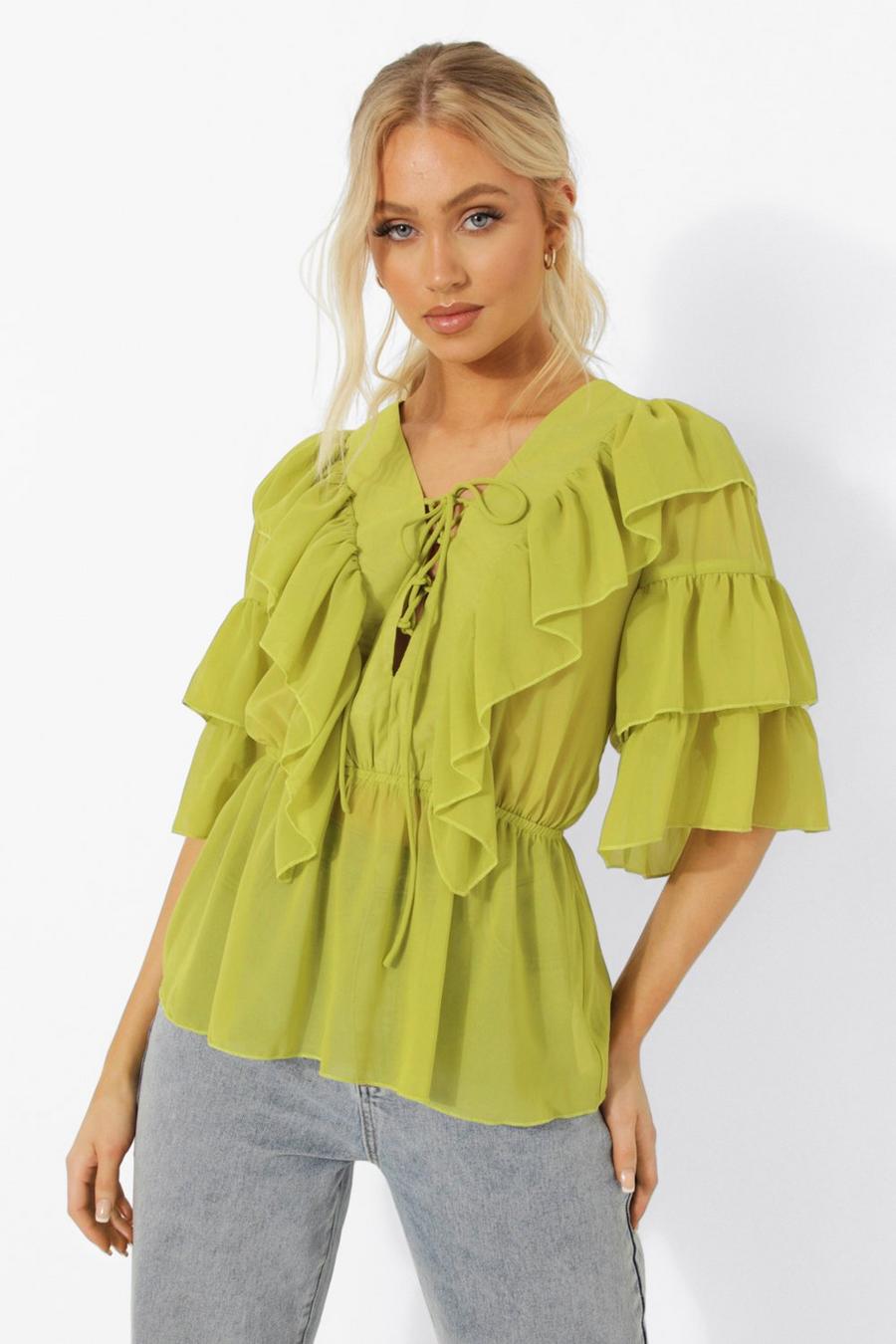 Chartreuse Woven Ruffle Lace Up Blouse