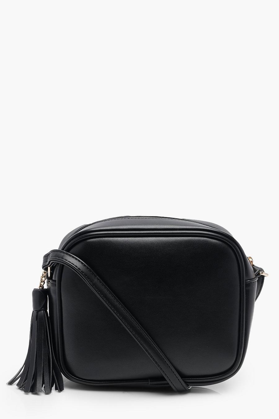 Sac à bandoulière zippé en simili avec fermeture à pampille, Black