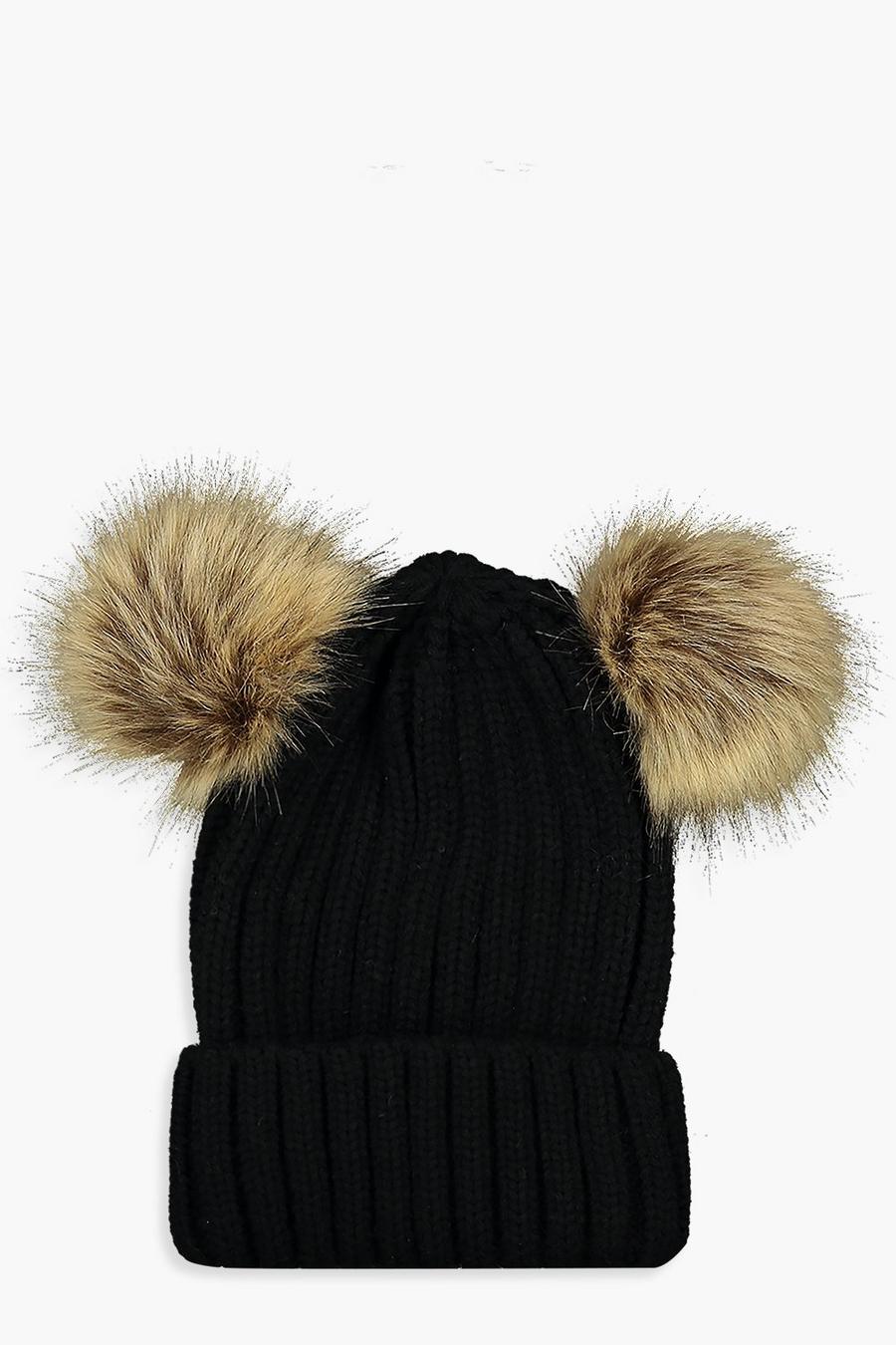 Black Ribbed Knit Beanie With Double Faux Fur Pom image number 1