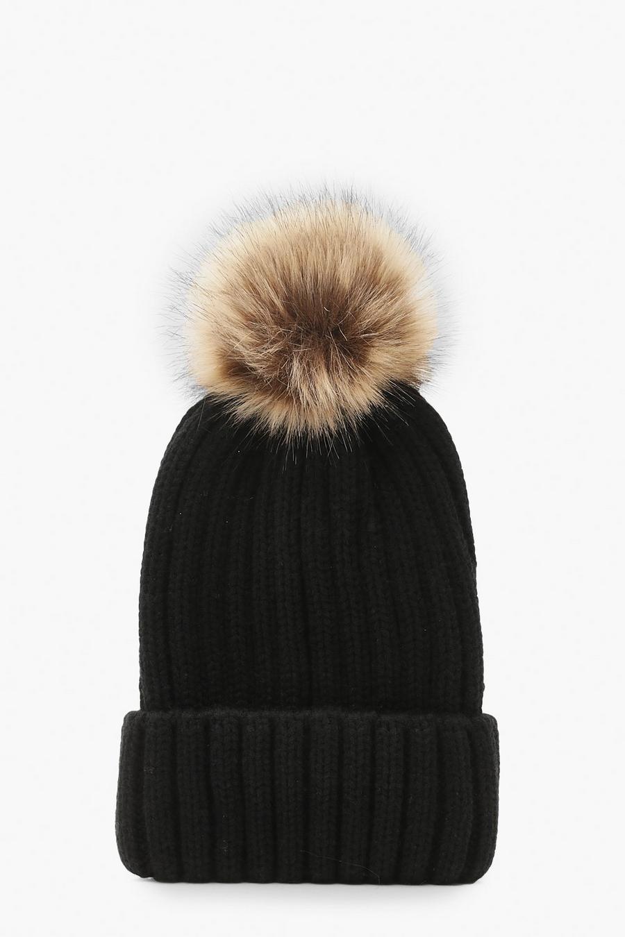 Black Ribbed Knit Beanie With Large Faux Fur Pom