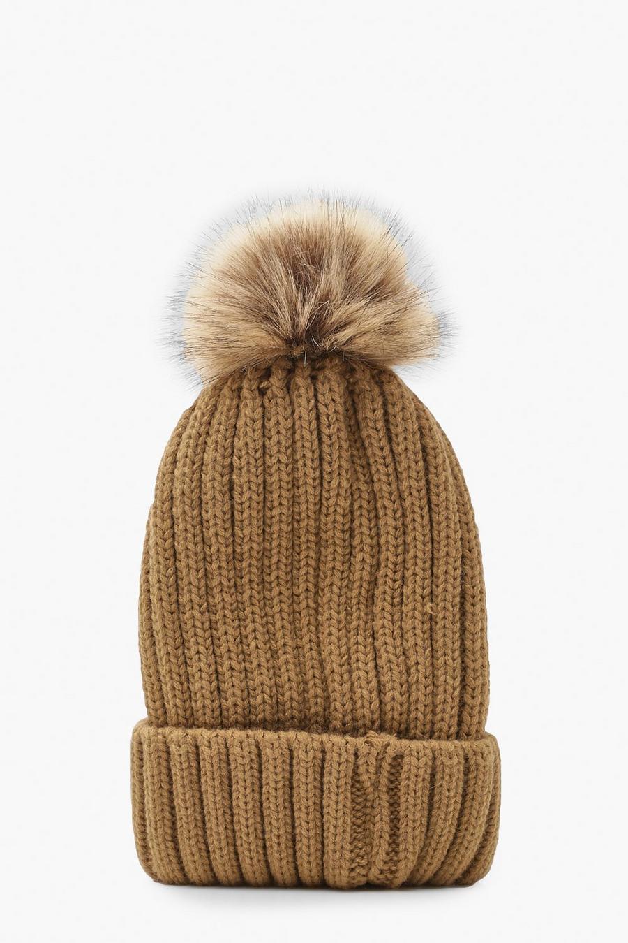 Camel Ribbed Knit Beanie With Large Faux Fur Pom