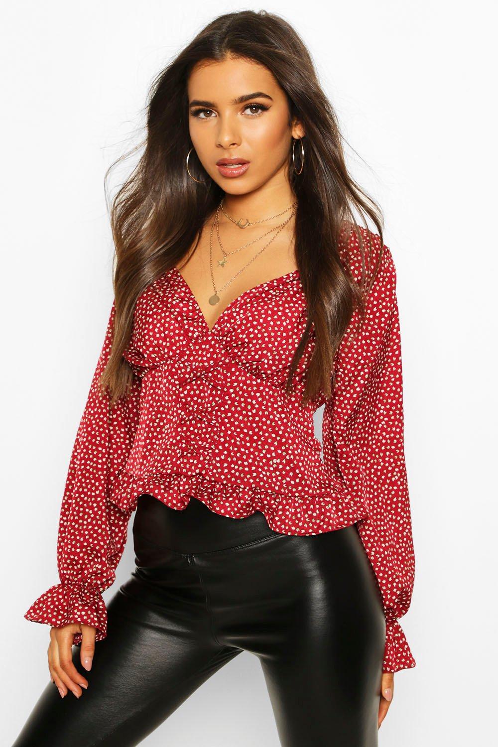 Blouses Red Ditsy Floral Corset Detail Woven Blouse