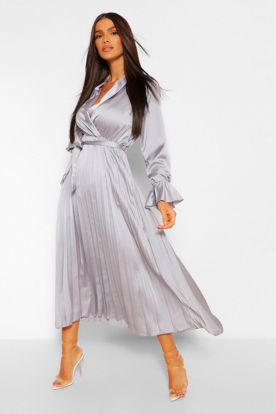 Grey Satin Pleated Midi Dress