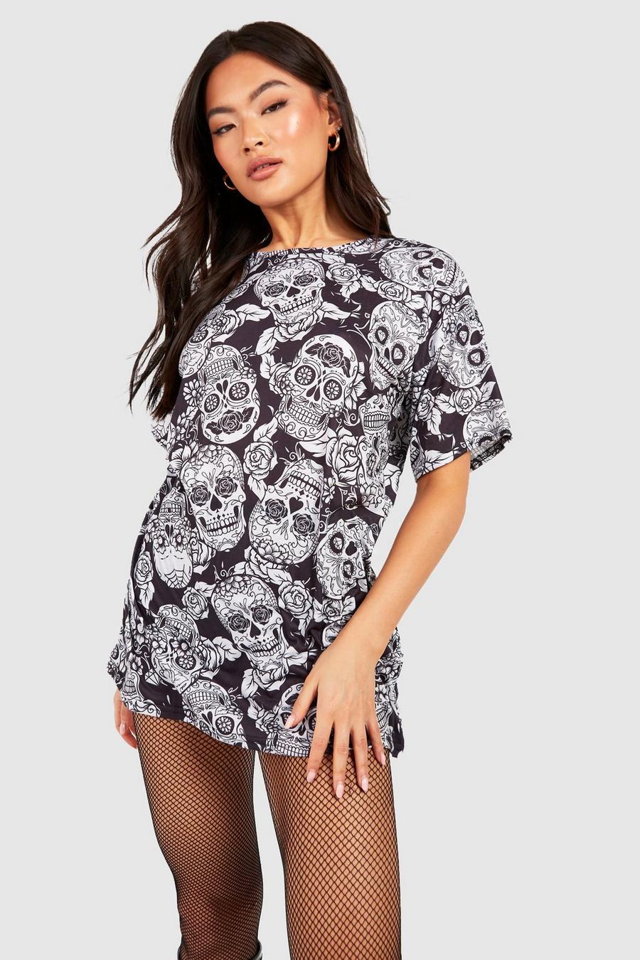 Black Halloween Floral Skull T-Shirt Dress