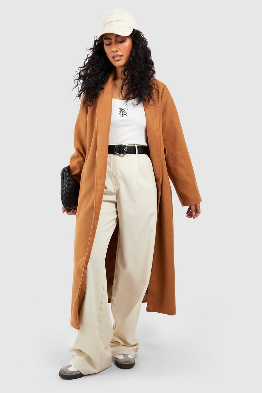 Camel Longline Double Breasted Belted Wool Look Coat image number 1