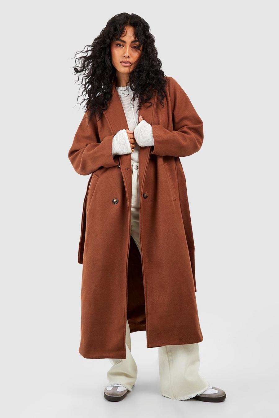 Chocolate Longline Double Breasted Belted Wool Look Coat image number 1