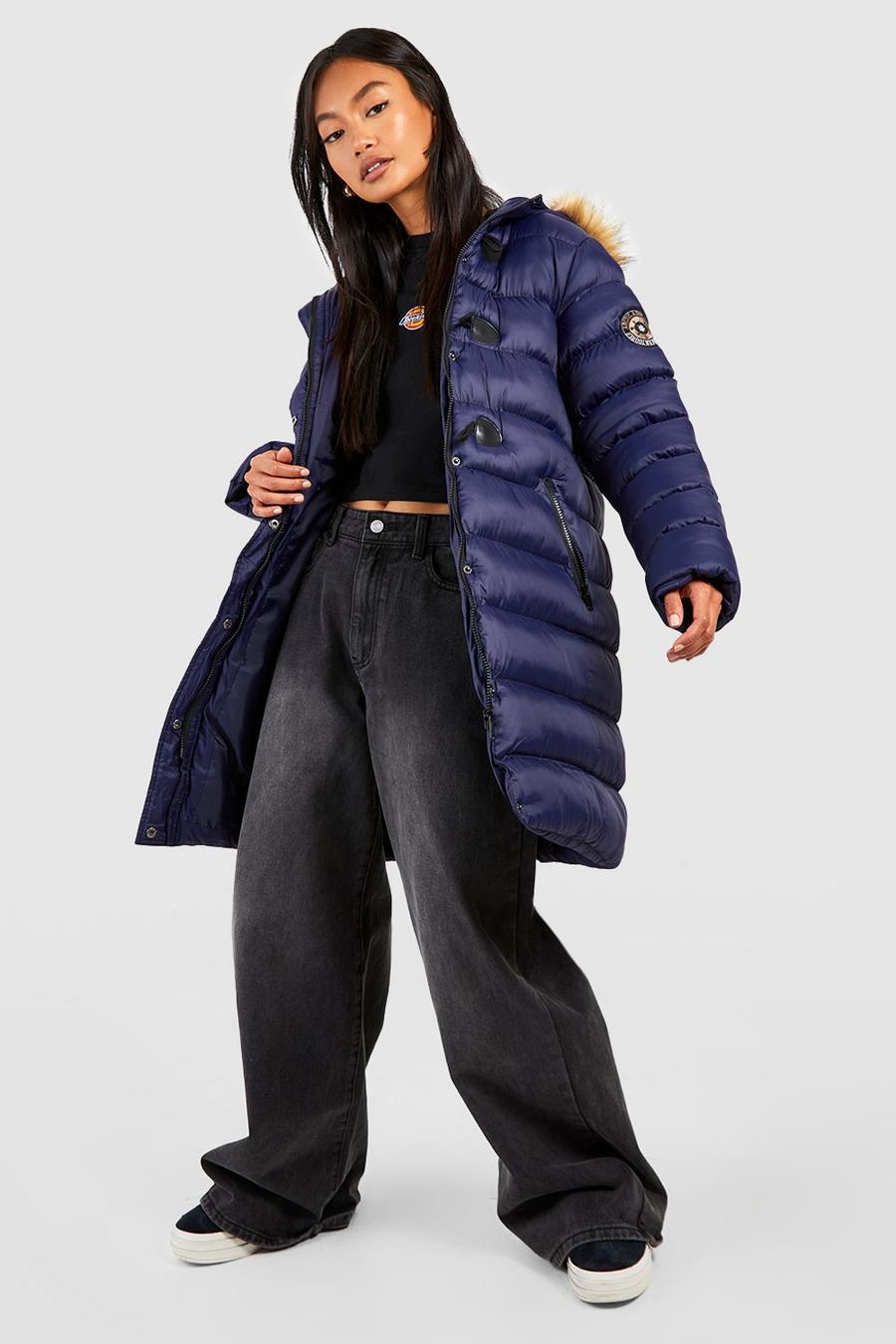 Navy Quilted Faux Fur Hood Parka Coat