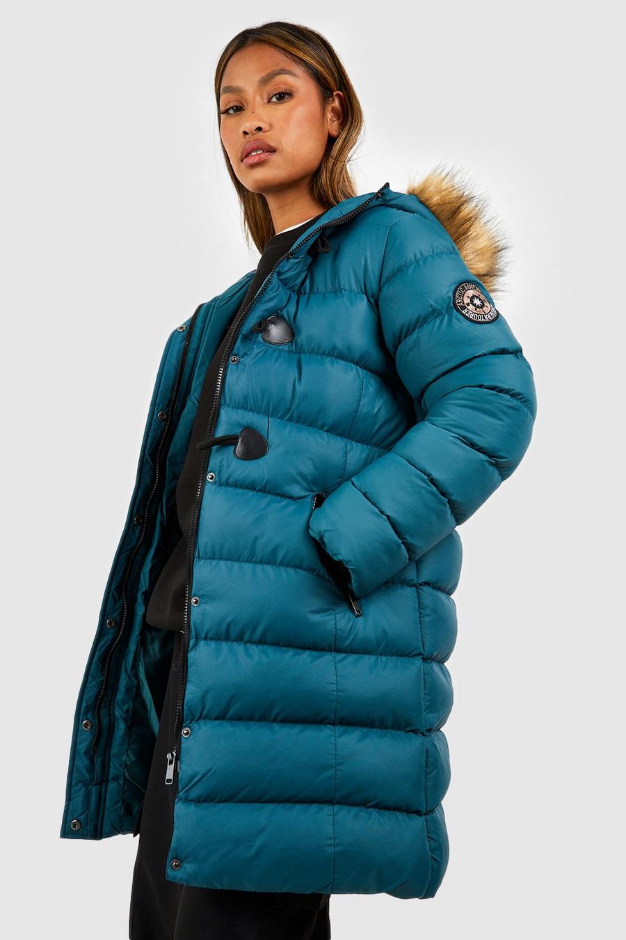 Teal Quilted Faux Fur Hood Parka Coat