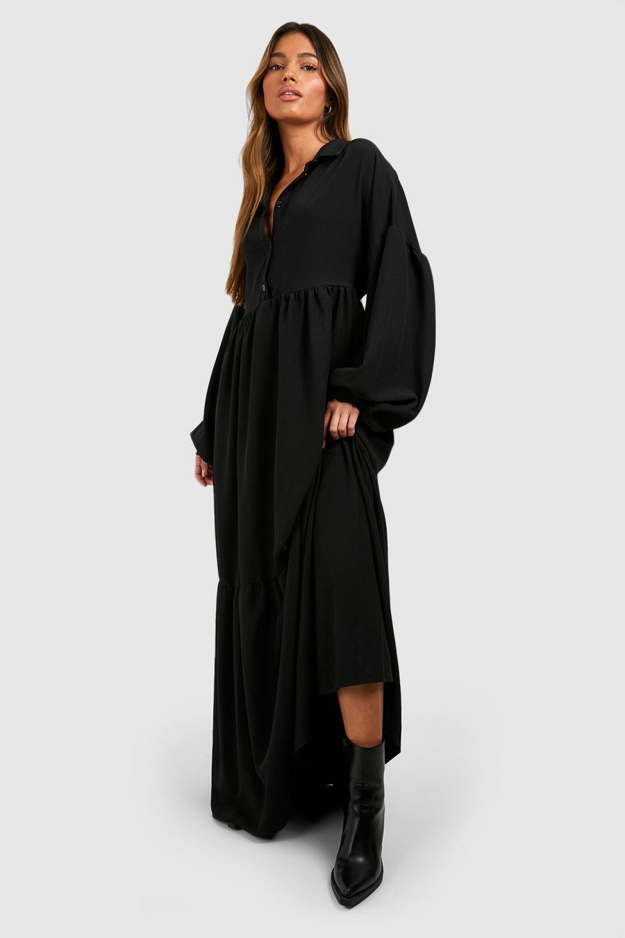 Vestido camisero maxi oversize escalonado, Black