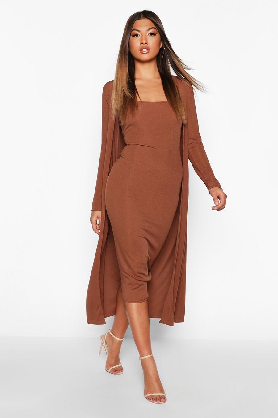 Chocolate Ribbed Midi Dress and Duster Set image number 1