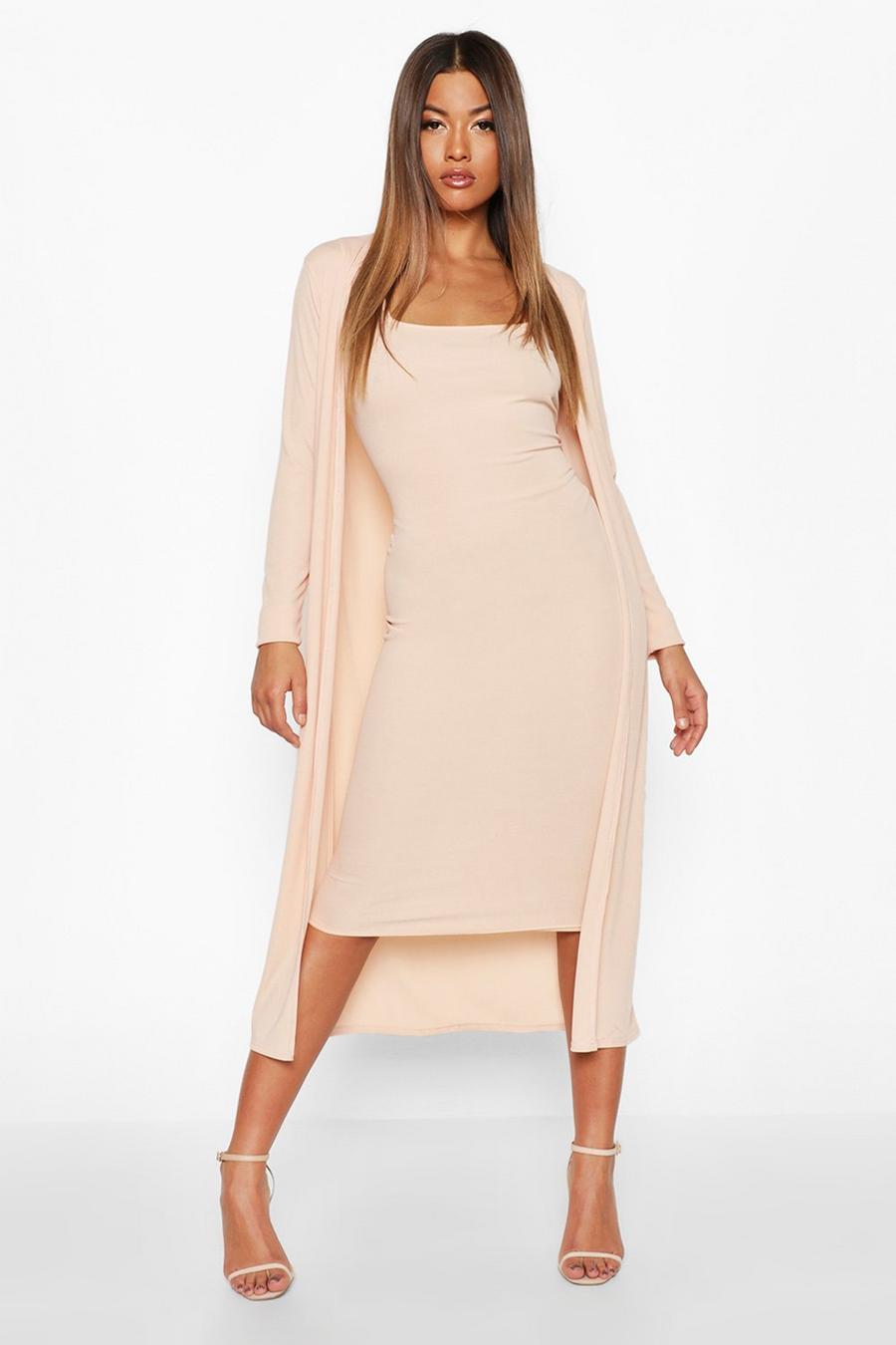 Nude Ribbed Midi Dress and Duster Set