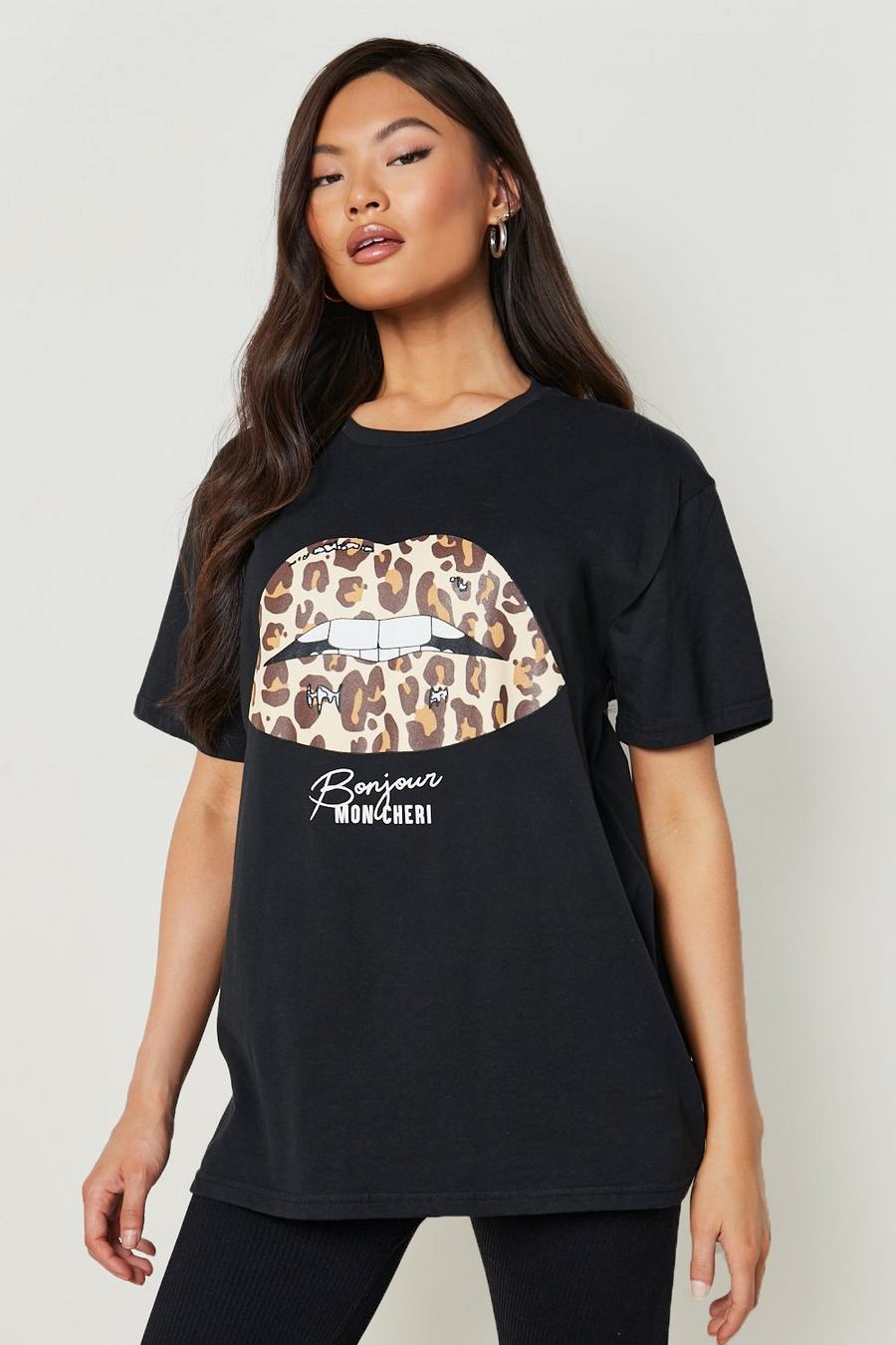 T-Shirt mit Leopardenprint Lippen-Slogan, Schwarz