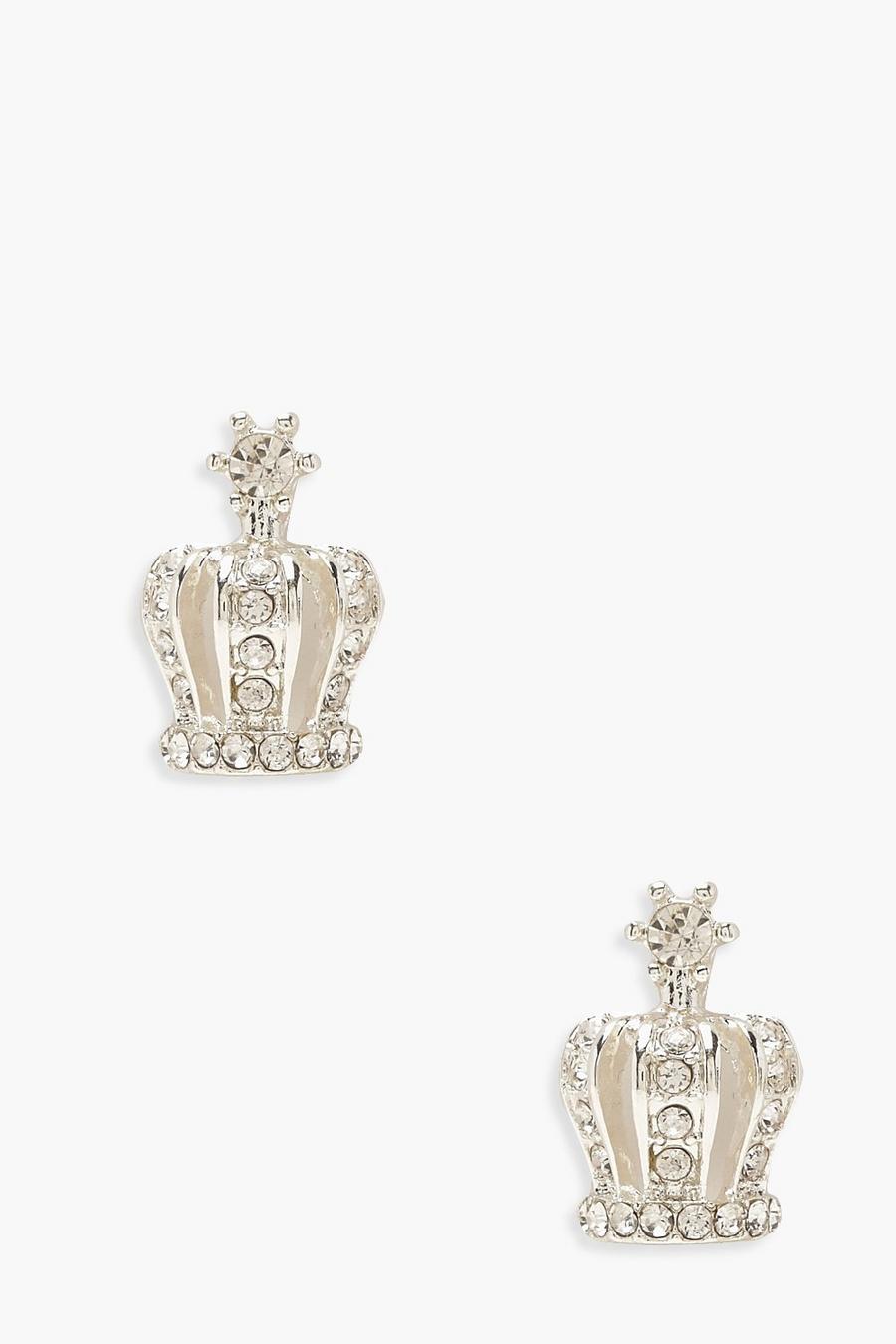 Silver Crown Rhinestone Stud Earrings