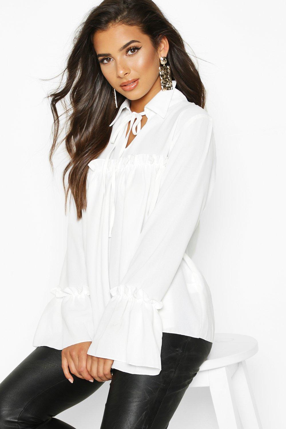 TOPS Tie Front Ruffle Detail Woven Smock Top