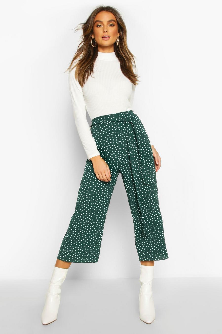 Forest Belted Woven Polka Dot Culottes