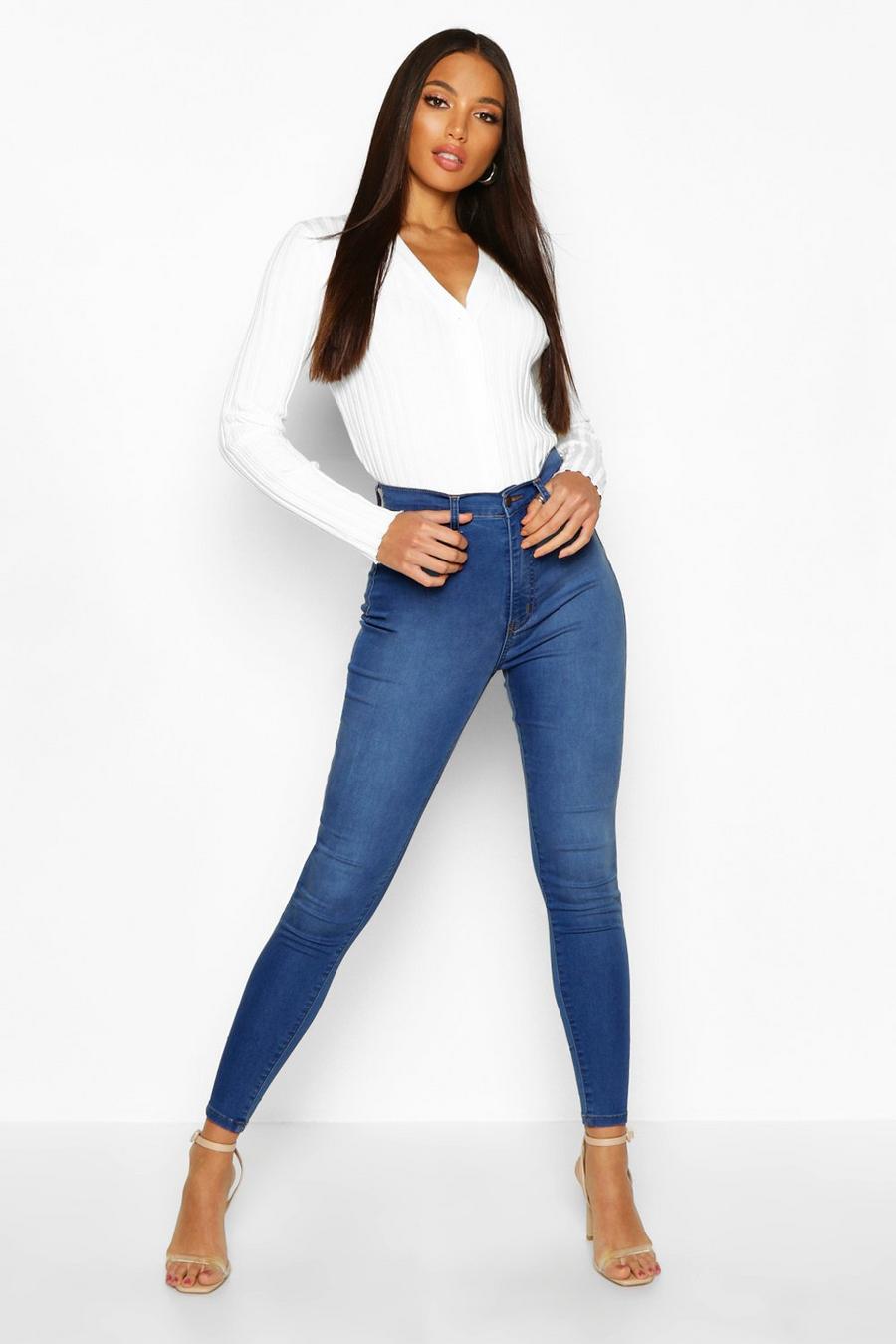 Jeans Skinny Fit a vita alta in Stretch modellanti sul retro, Blu medio