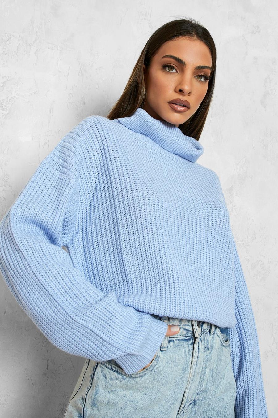 Pastel blue Cropped Fisherman Turtleneck Sweater