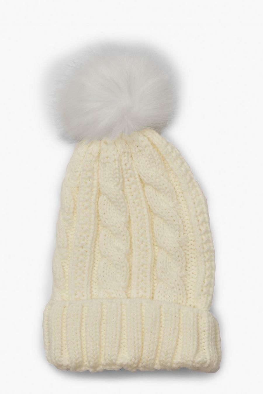 Cream Cable Knit Faux Pom Beanie
