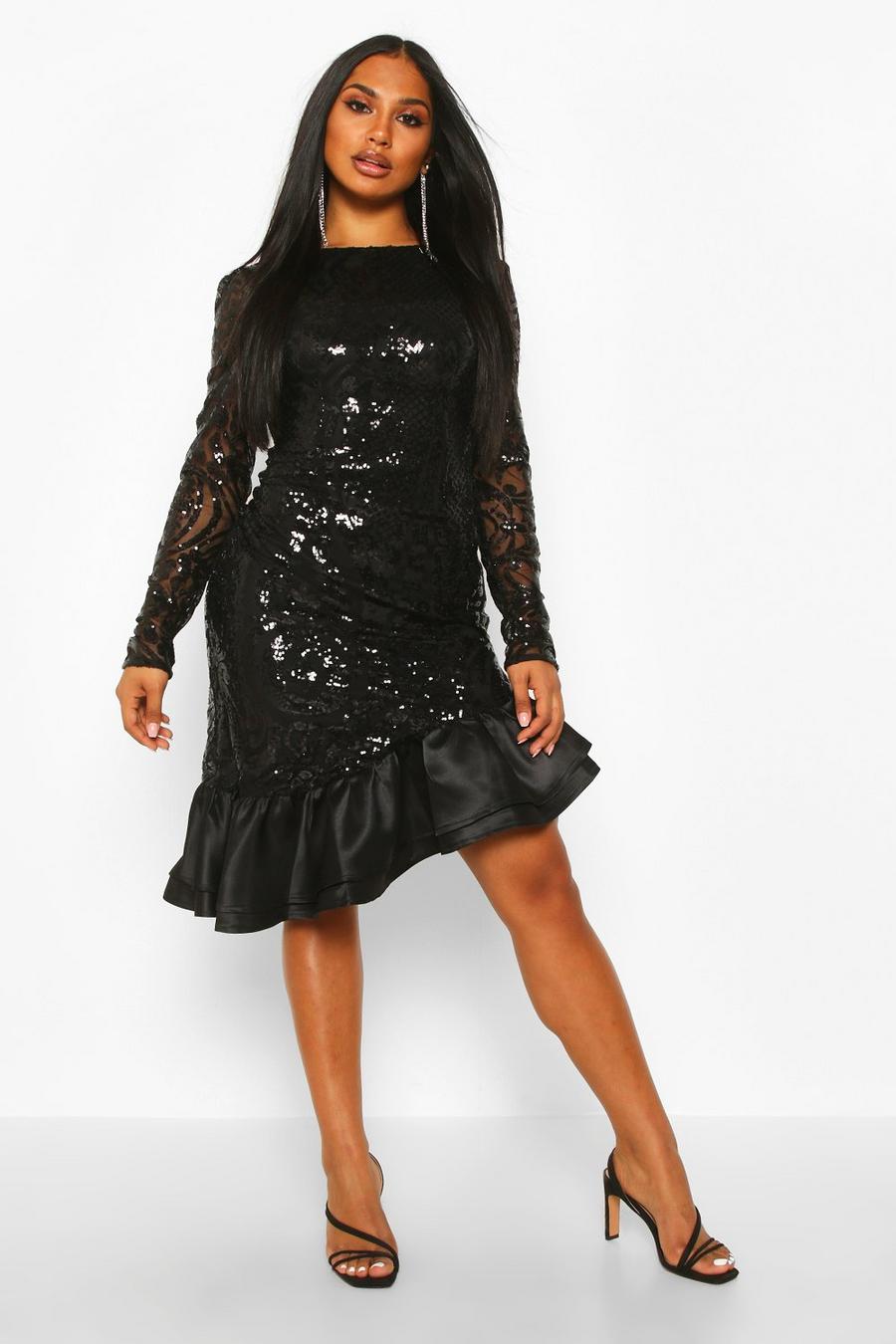 Black Sequin Baroque Ruffle Mini Party Dress