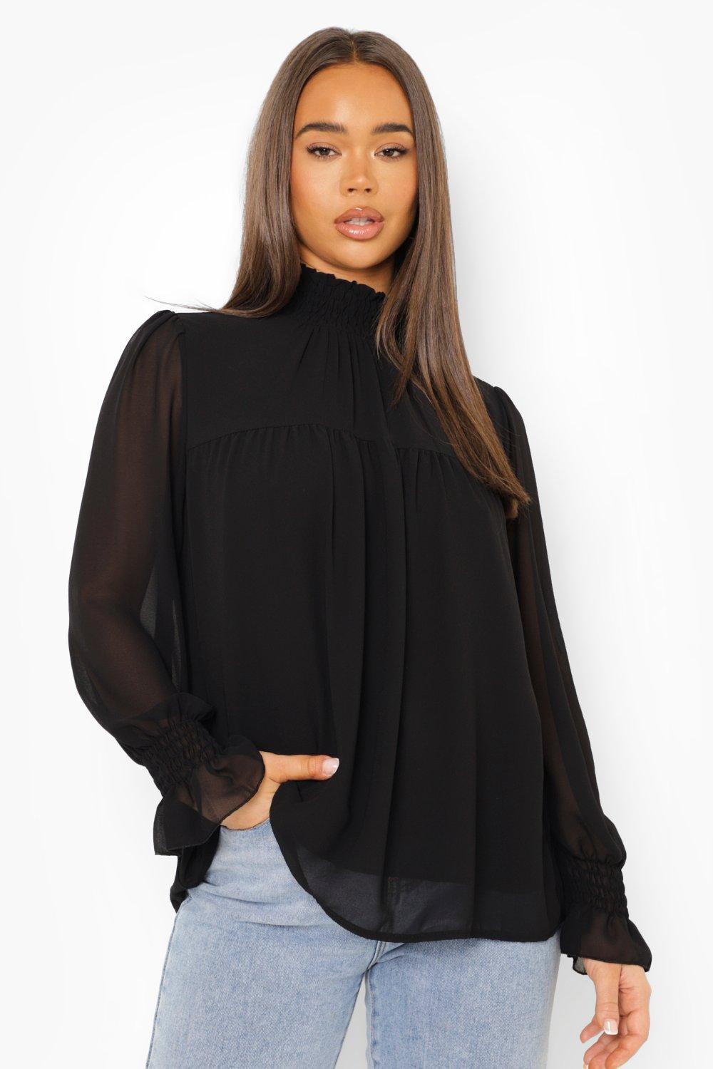 TOPS Shirred Neck Cuff Smock Top