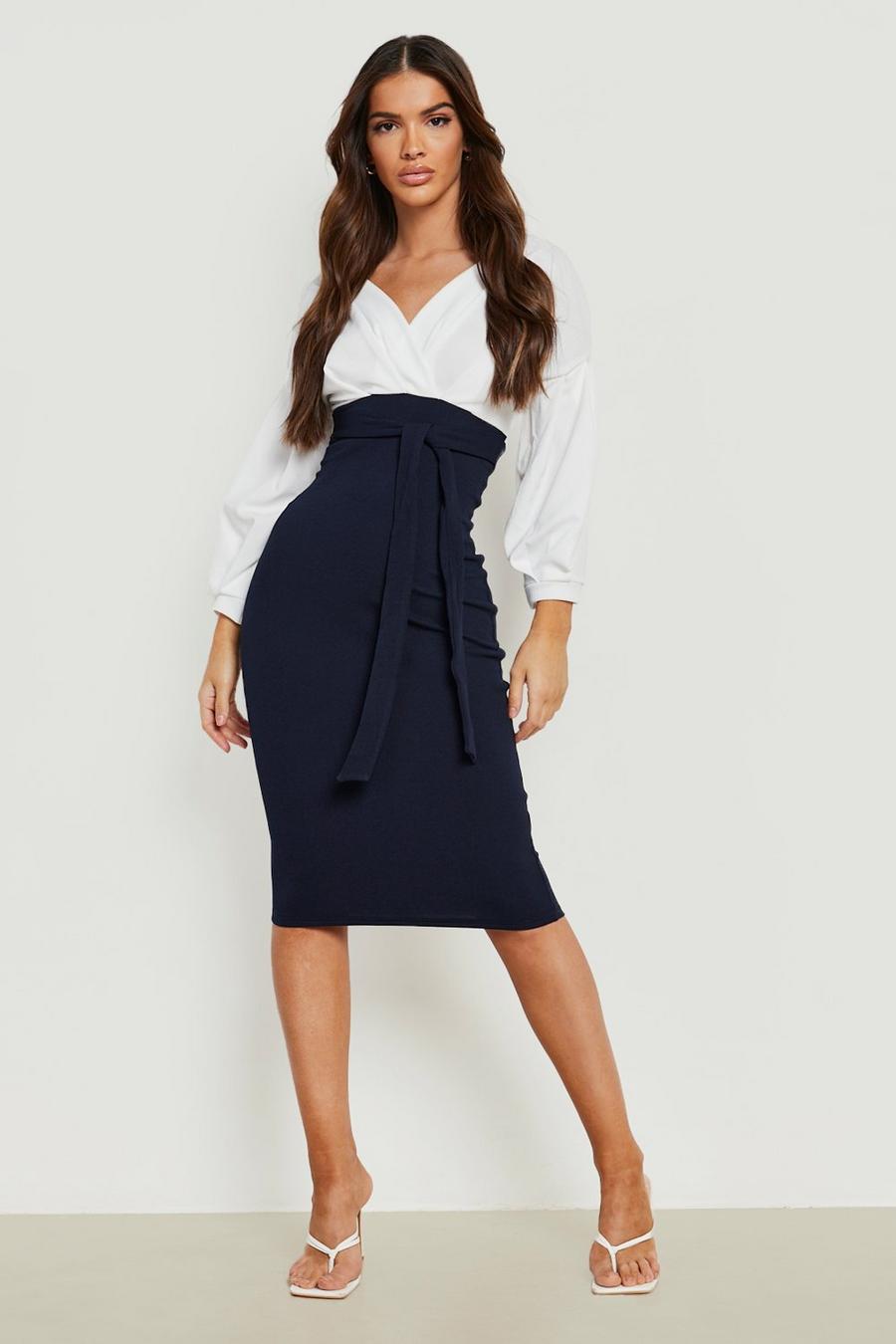 Navy Contrast Off Shoulder Wrap Midi Dress