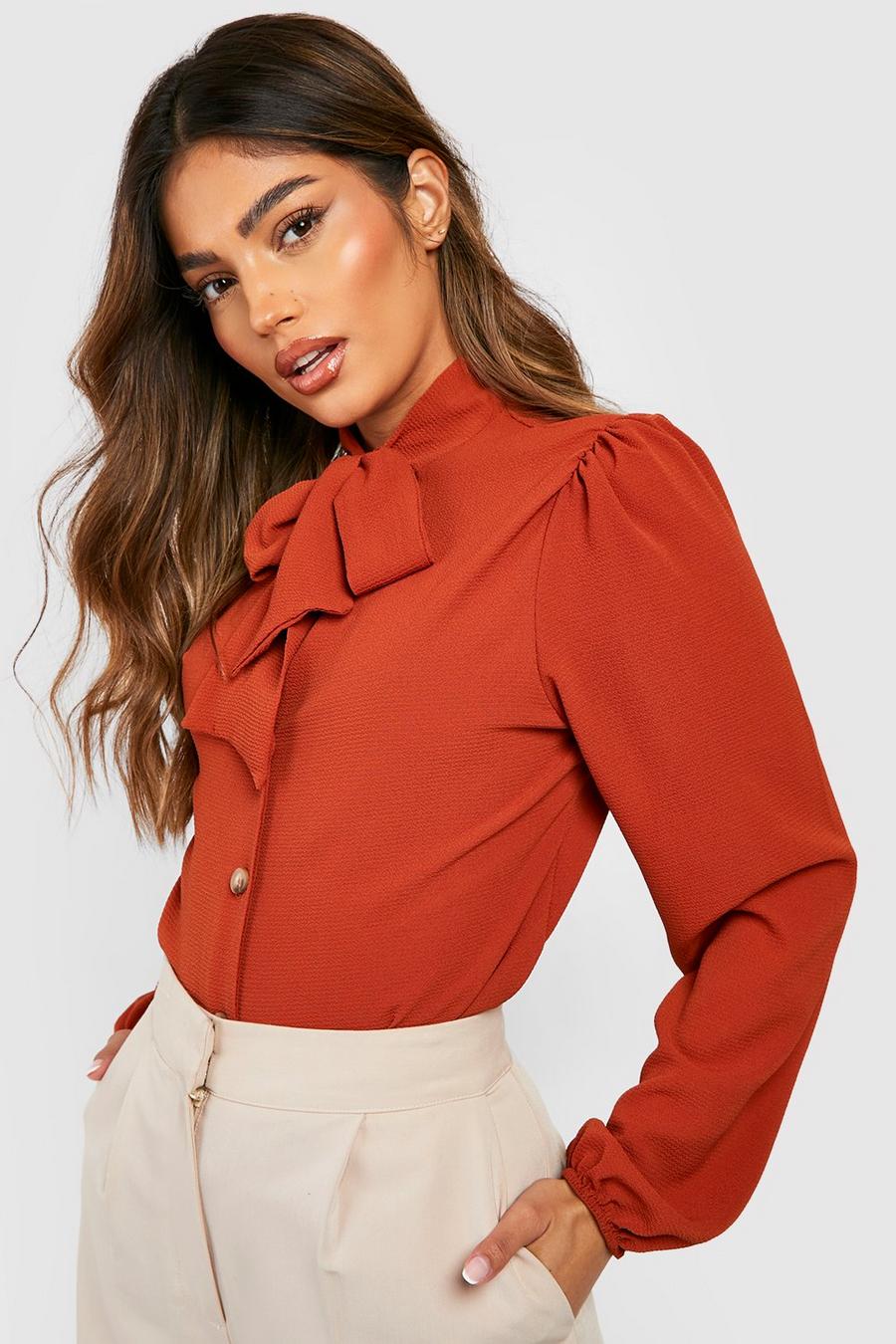 Rust Pussybow Button Through Puff Sleeve Blouse