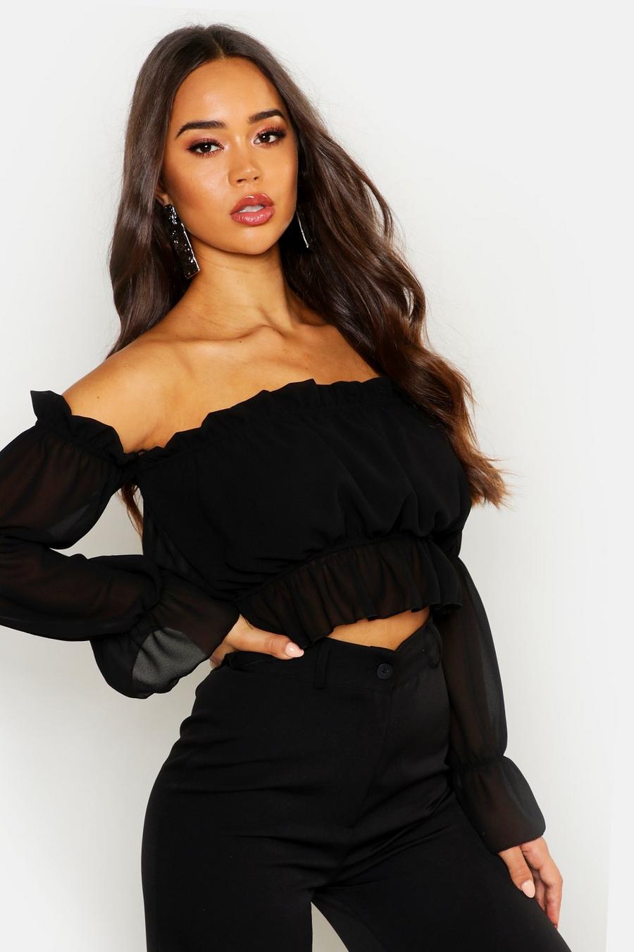 Black Woven Puff Sleeve Ruched Off The Shoulder Top