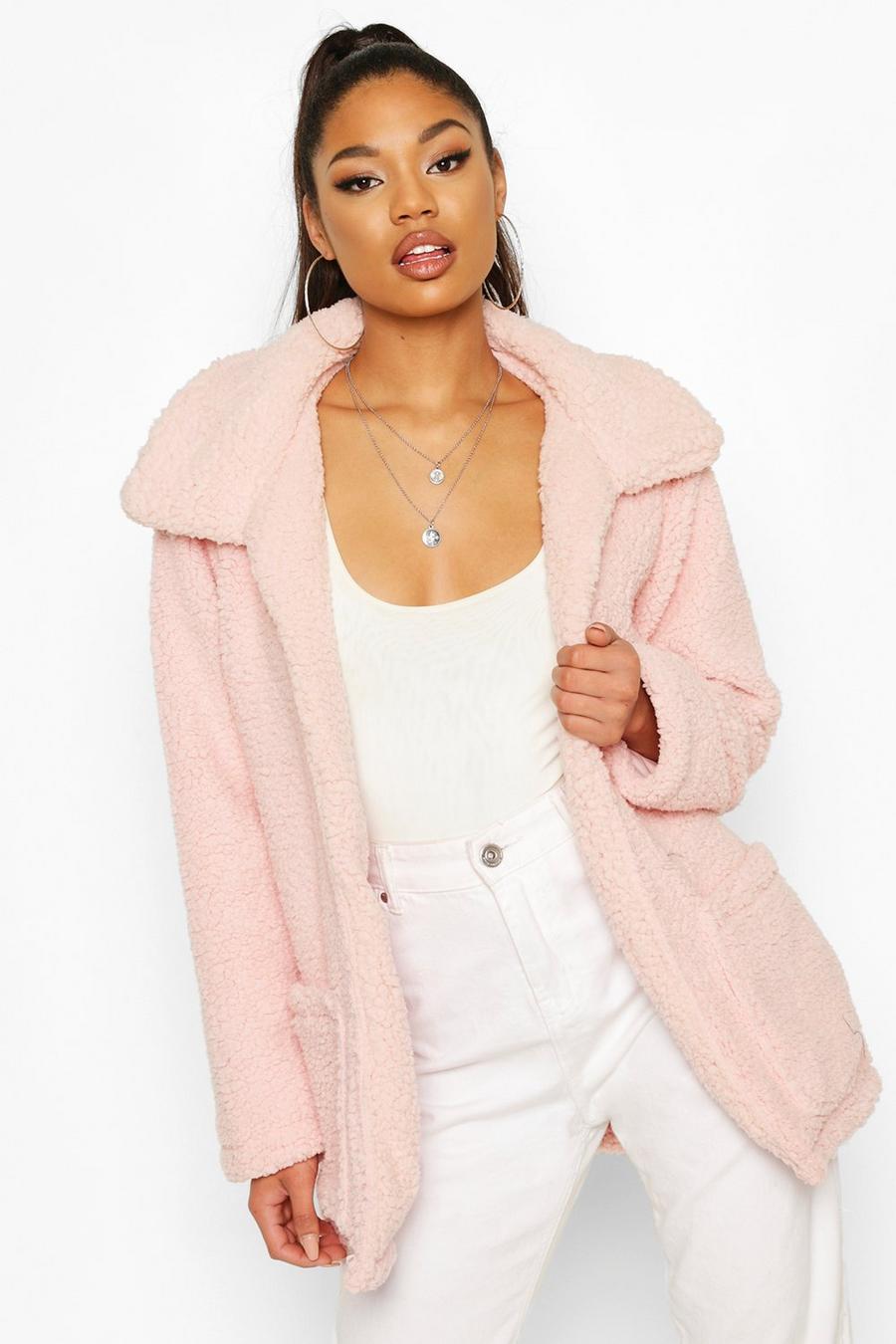 Pastel pink Double Pocket Teddy Faux Fur Coat image number 1