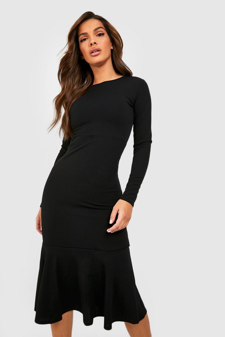 Black Fishtail Long Sleeve Midi Dress