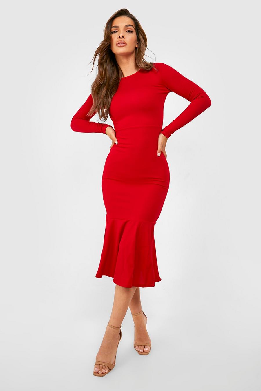 Red Fishtail Long Sleeve Midi Dress